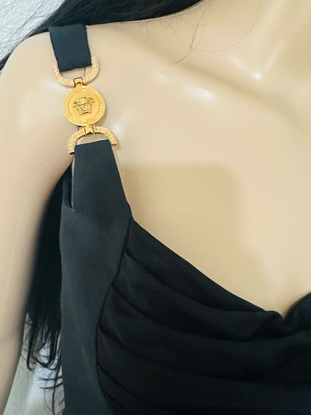 Versace Black One-Shoulder Draped Mini Dress with Gold Accent - Picture 7 of 12